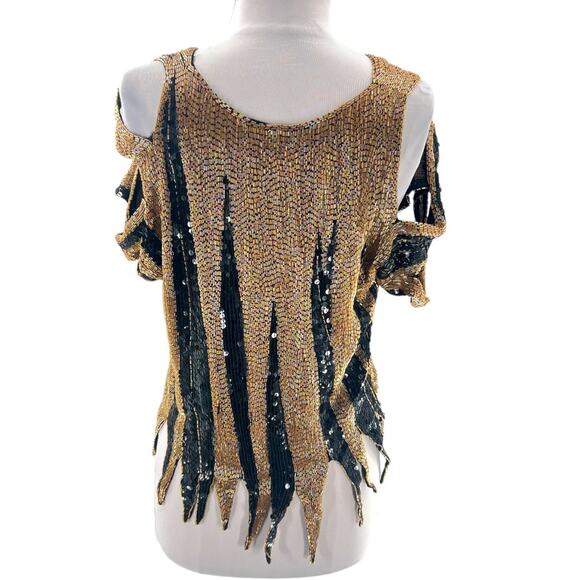 Vintage Swee Lo silk sequin beaded top gold black sz S - Picture 3 of 6